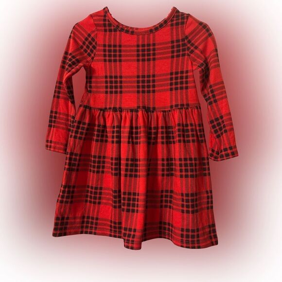 Nwt 2t Cat & Jack Red Black Raglan Sleeve A-Line Dress holiday plaid - Picture 1 of 1